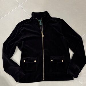 Lauren Ralph Lauren black velour zip jacket quiet luxury gold hardware sz m new